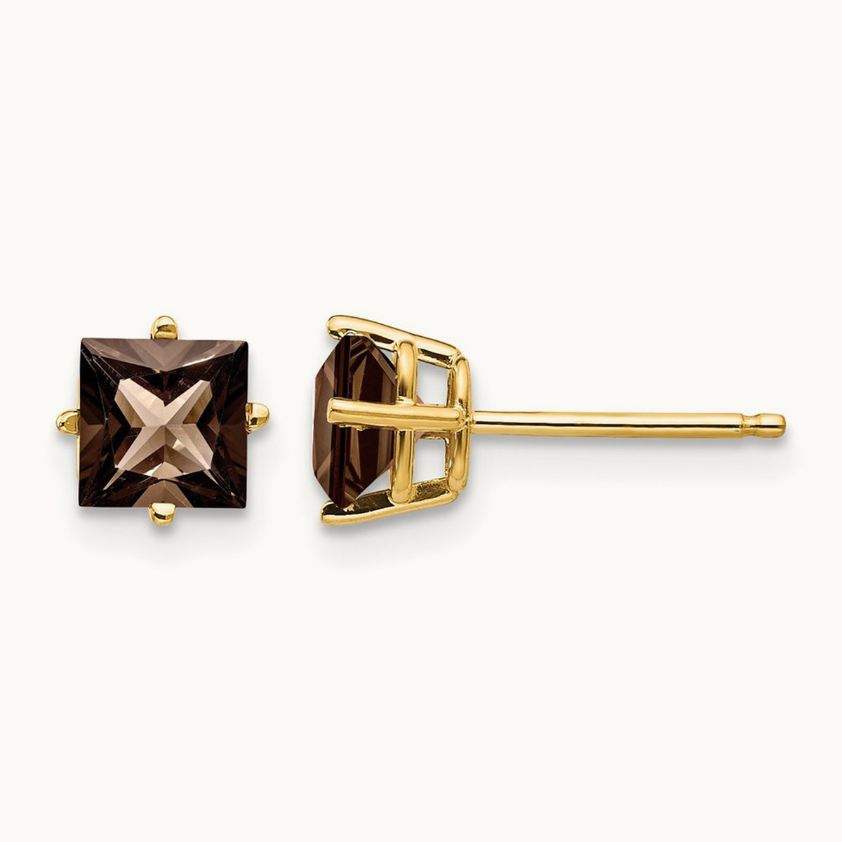 Square Smoky Quartz Earrings, 5mm, 14K