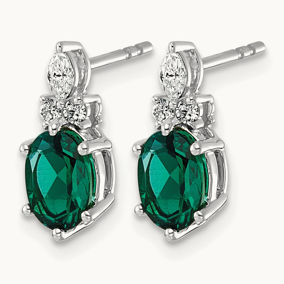 Diamond and Lab Created Emerald Post Earrings — 14K White Gold