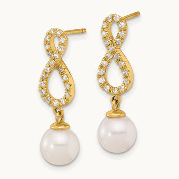 7- Rnd Wht Akoya Pearl and .40ct Dia Infinity Post Dangle Earrings, 8mm, 14K