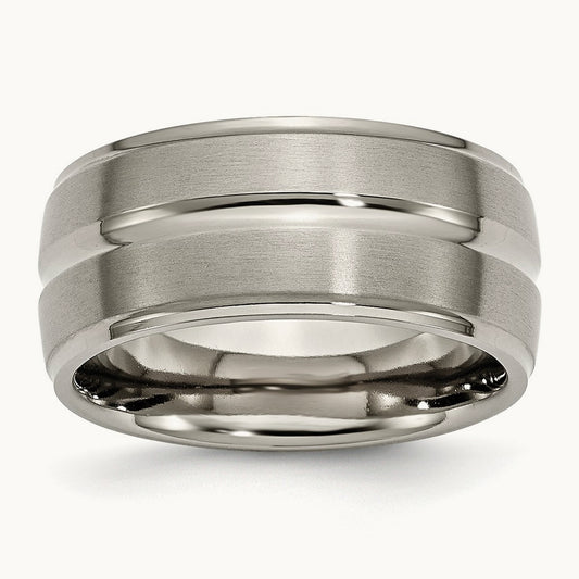 Brushed and Polished Grooved Ridged Edge Band, 10mm, Titanium