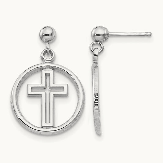 Polished Eternal Life Cross Dangle Post Earrings, 14K White Gold