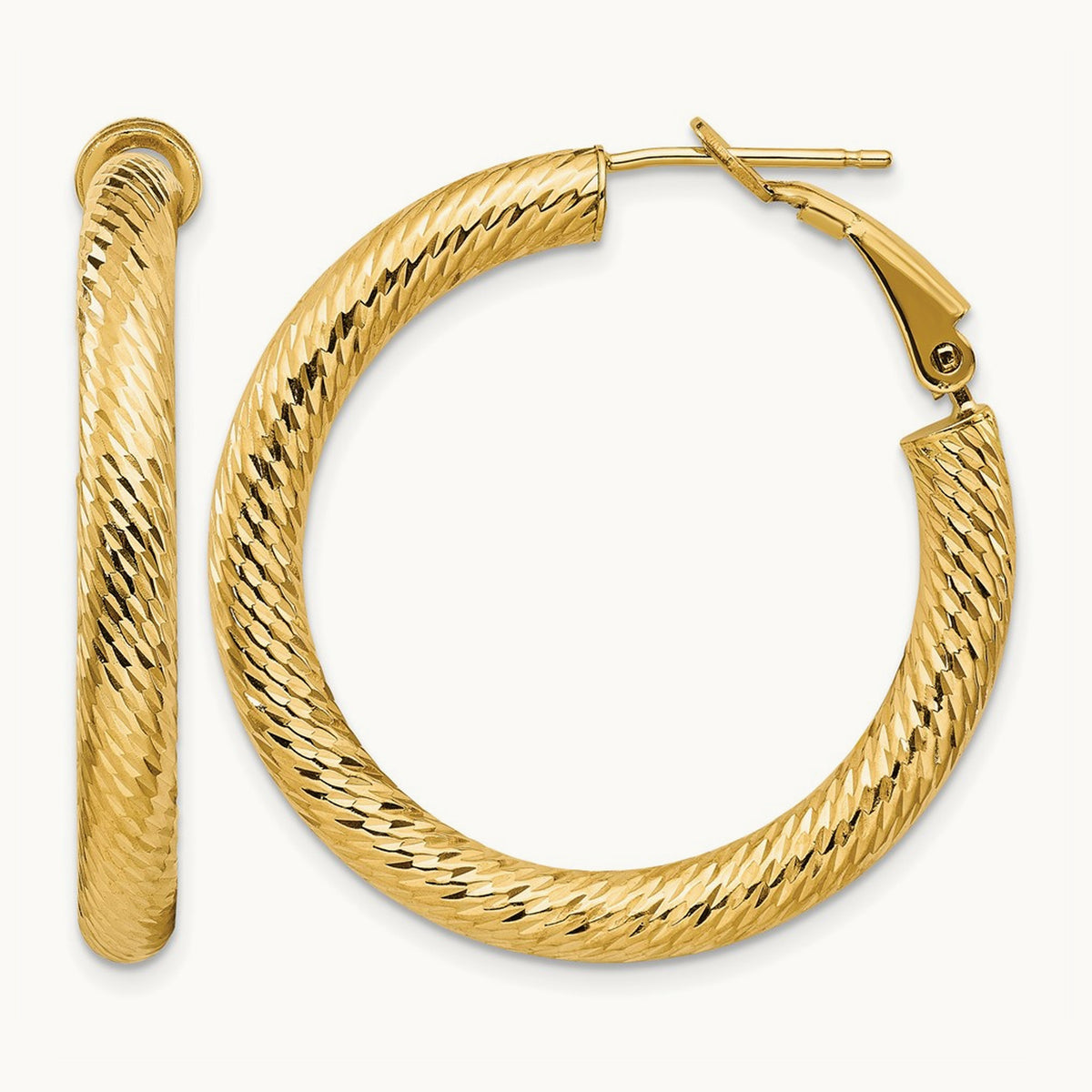 Diamond-cut Round Omega Back Hoop Earrings — 14K Yellow Gold, 4x34mm