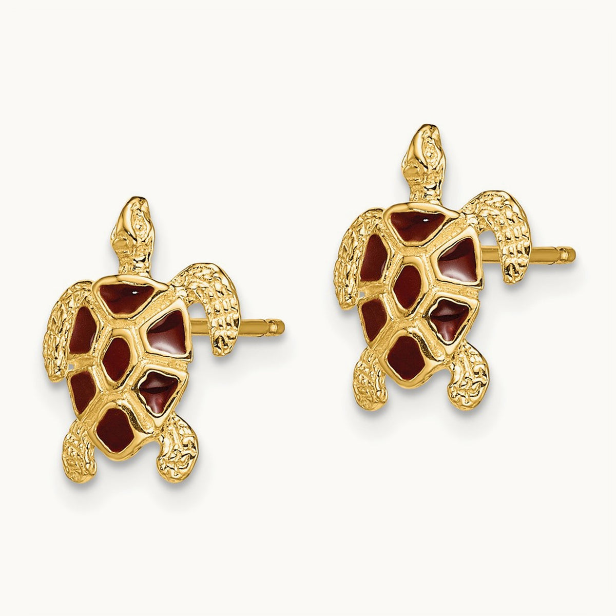 Sea Turtle W/Brown Enamel Shell / Textured Post Earrings, 14K