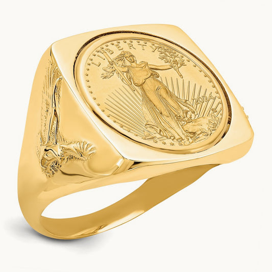 Men's Eagle Side Square Mounted 1/10oz AM Eagle Coin Bezel Ring, 14K