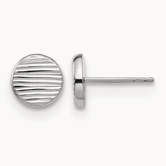 Polished and Textured Small Disc Post Earrings — 14K White Gold