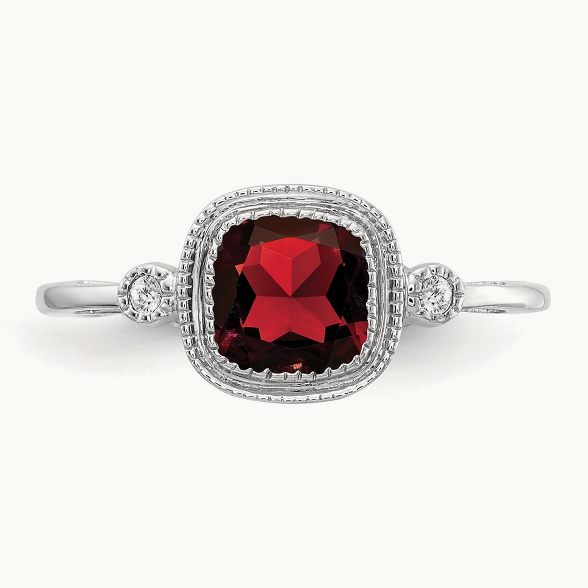 Cushion Garnet and Diamond Ring — 14K White Gold, 7