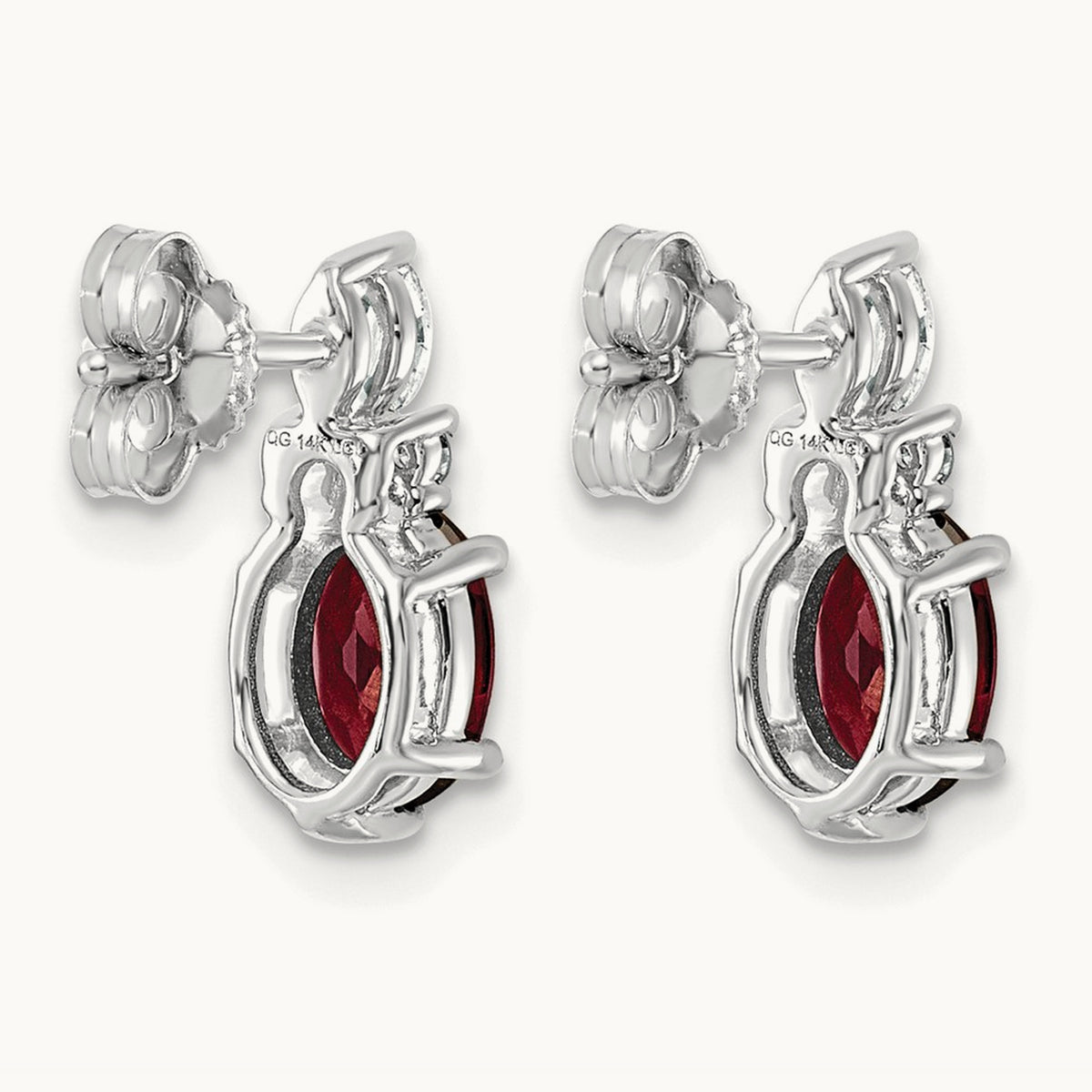 Diamond and Garnet Post Earrings — 14K White Gold