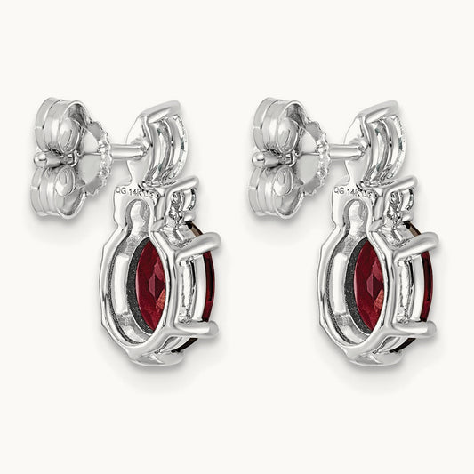 Diamond and Garnet Post Earrings — 14K White Gold