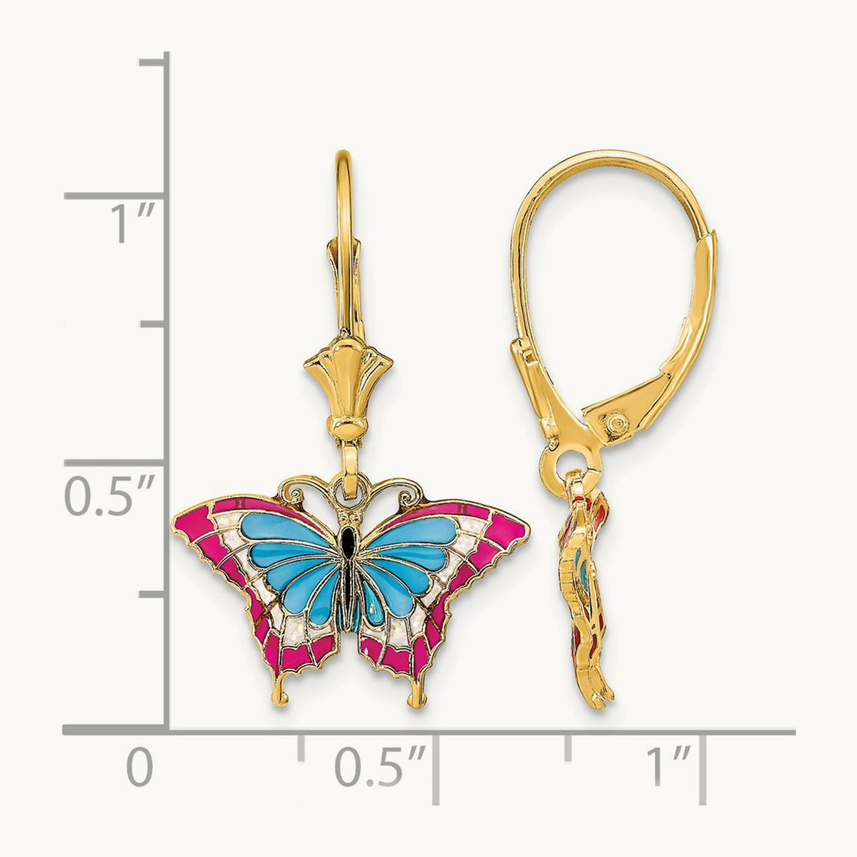w/Blue and Red Enameled Wings Butterfly Leverback Earrings, 14K