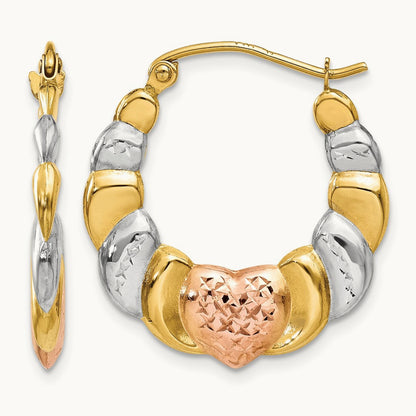 & White and Rose Rhodium Scalloped Heart Hoop Earrings, 14K