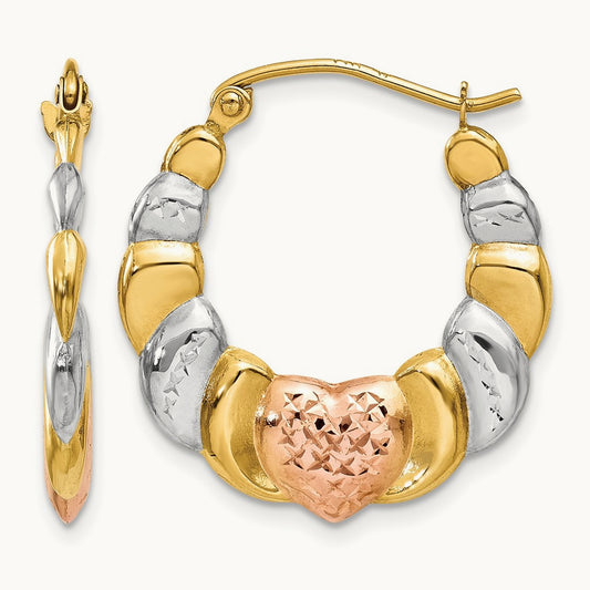& White and Rose Rhodium Scalloped Heart Hoop Earrings, 14K
