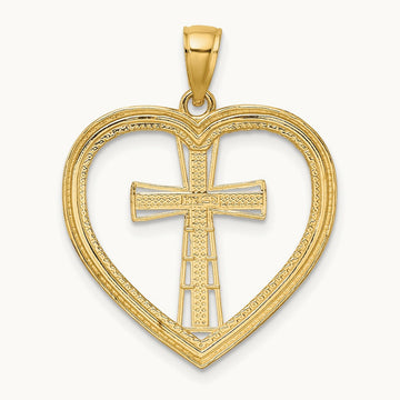 & White Rhodium Heart W/White Cross In Center Charm, 14K