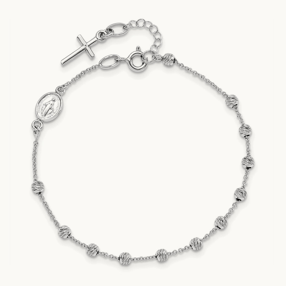 D/C Cross and Miraculous Medal .75in ext. Bracelet, 14K White Gold