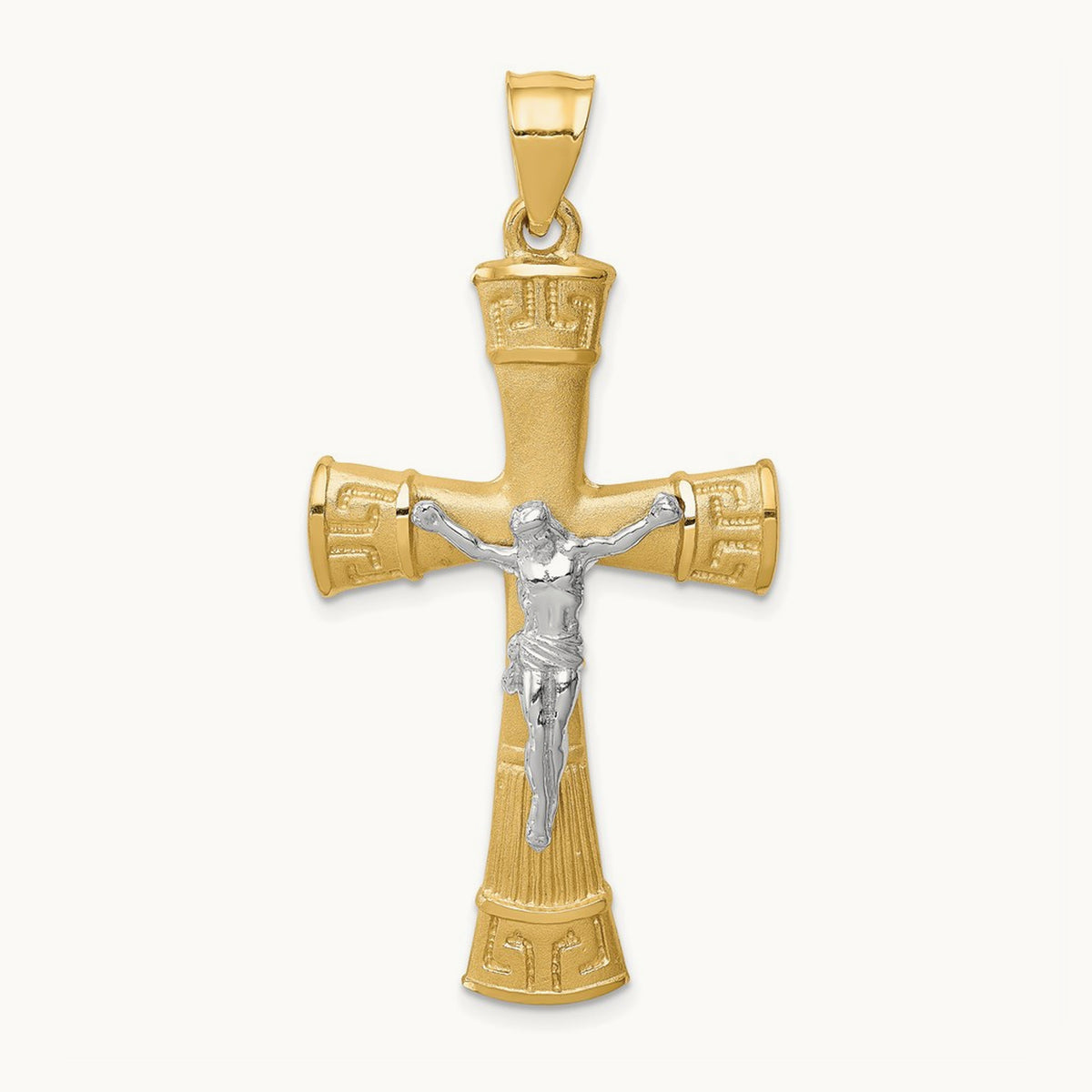 Brushed & Polished Greek Key Crucifix Pendant, 14K Two-tone