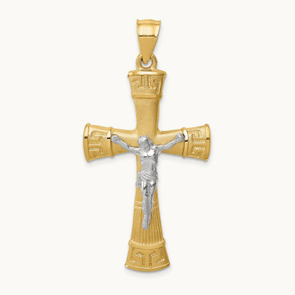 Brushed & Polished Greek Key Crucifix Pendant, 14K Two-tone