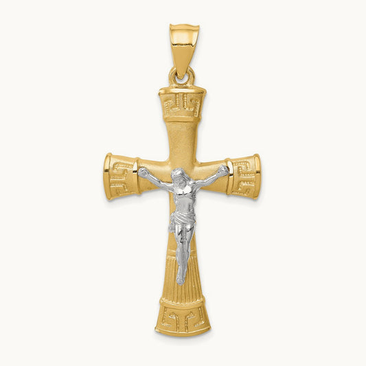 Brushed & Polished Greek Key Crucifix Pendant, 14K Two-tone