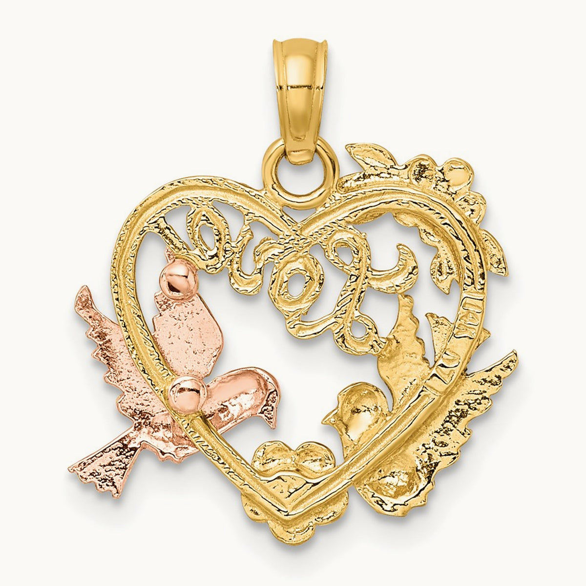 w/Rhodium LOVE w/Doves Heart Charm, 14K Yellow with Rose Gold