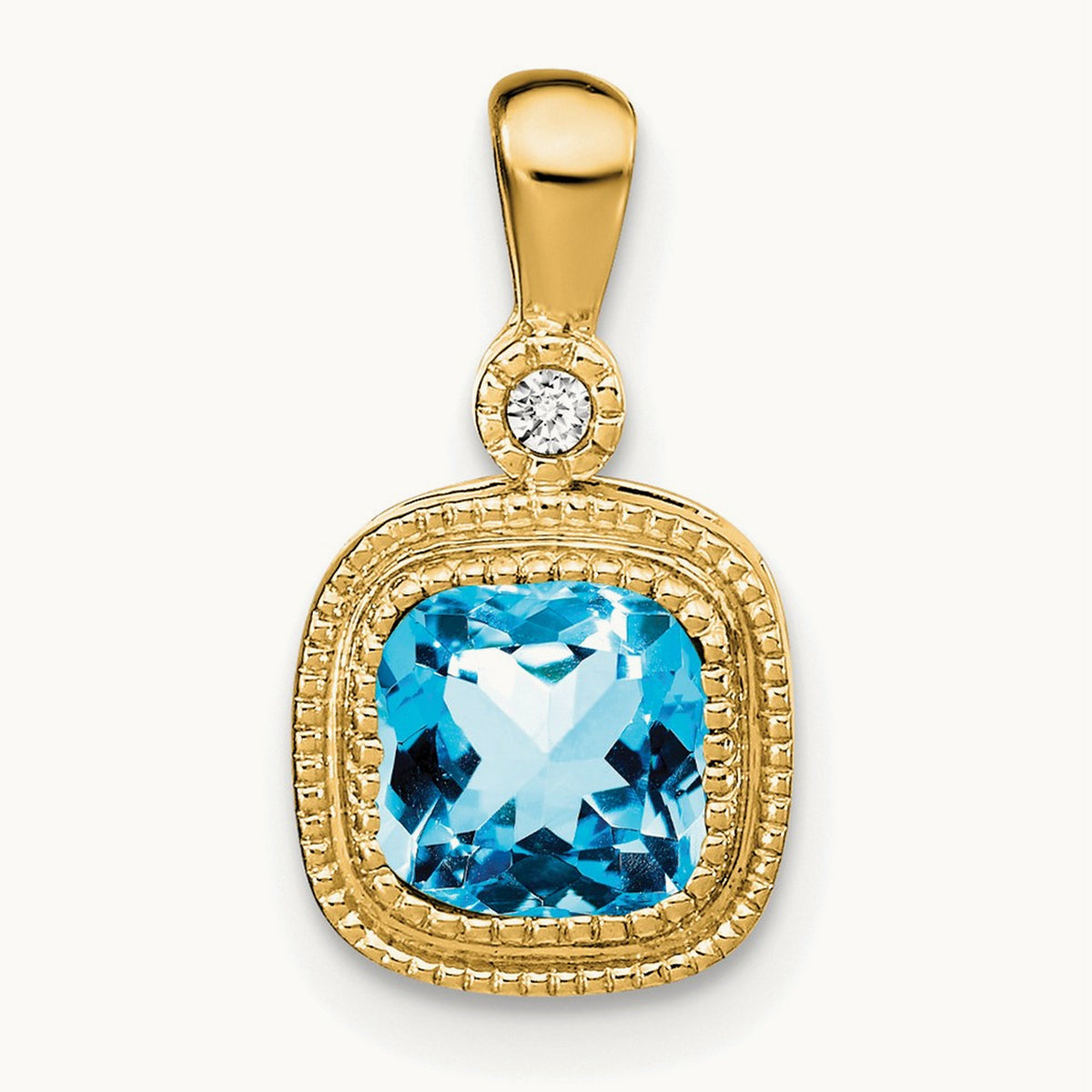 Cushion Blue Topaz and Diamond Pendant — 14K Yellow Gold