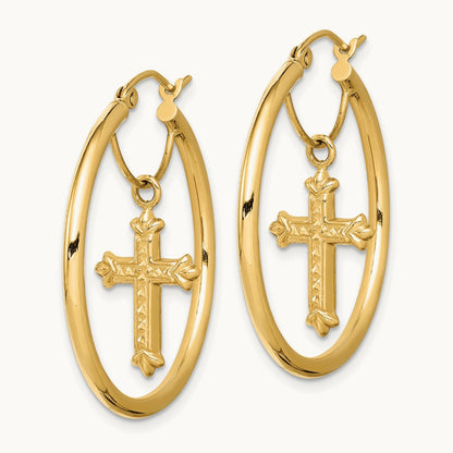 14K with D/C Cross Dangle Hoop Earrings