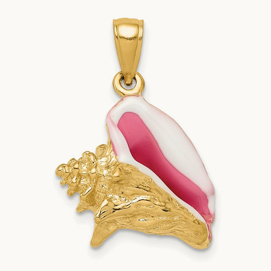 Polished 3-D Pink and White Enameled Conch Shell Pendant, 14K