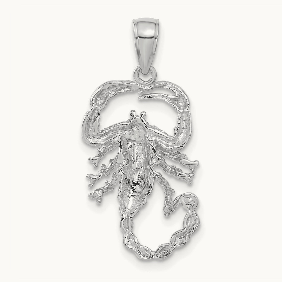 Solid Polished Open-Backed Scorpion Pendant — 14K White Gold, 18mm