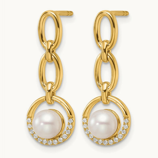 Polished Diamond and Pearl Open Circle Dangle Post Earrings, 14K