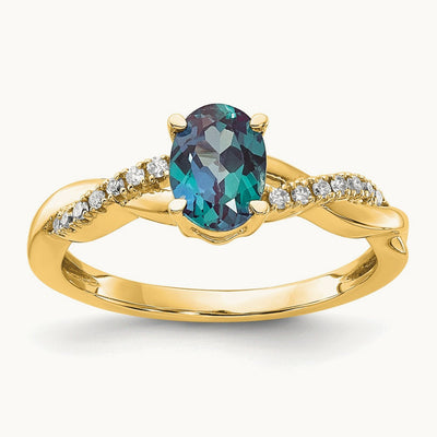 Oval Created Alexandrite and Lab-Grown Diamond Ring — 14K Yellow Gold, 7