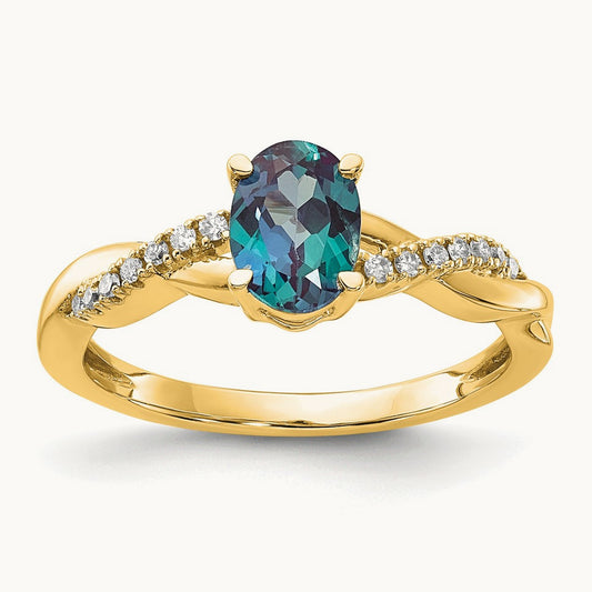 Oval Created Alexandrite and Lab-Grown Diamond Ring — 14K Yellow Gold, 7
