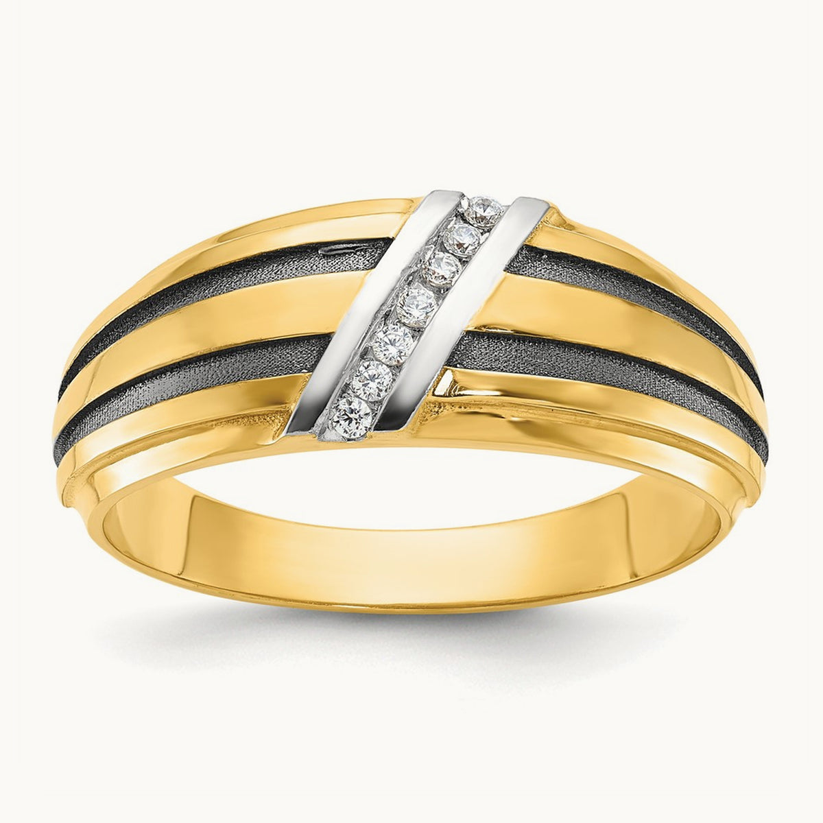 w/ White & Black RH IBGoodman Men's Satin Grooved Diamond Ring, 14K
