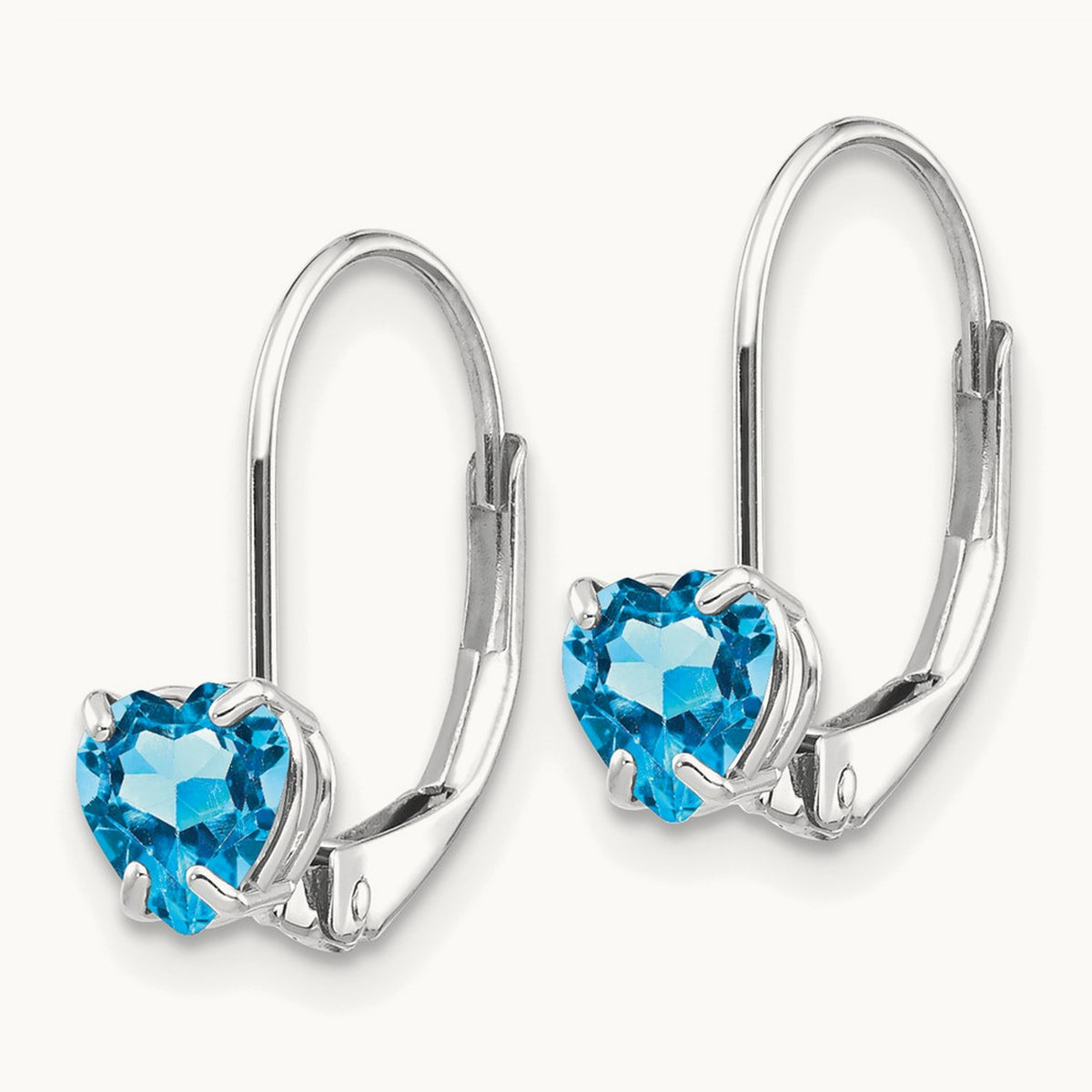 Heart Blue Topaz Leverback Earrings — 14K White Gold
