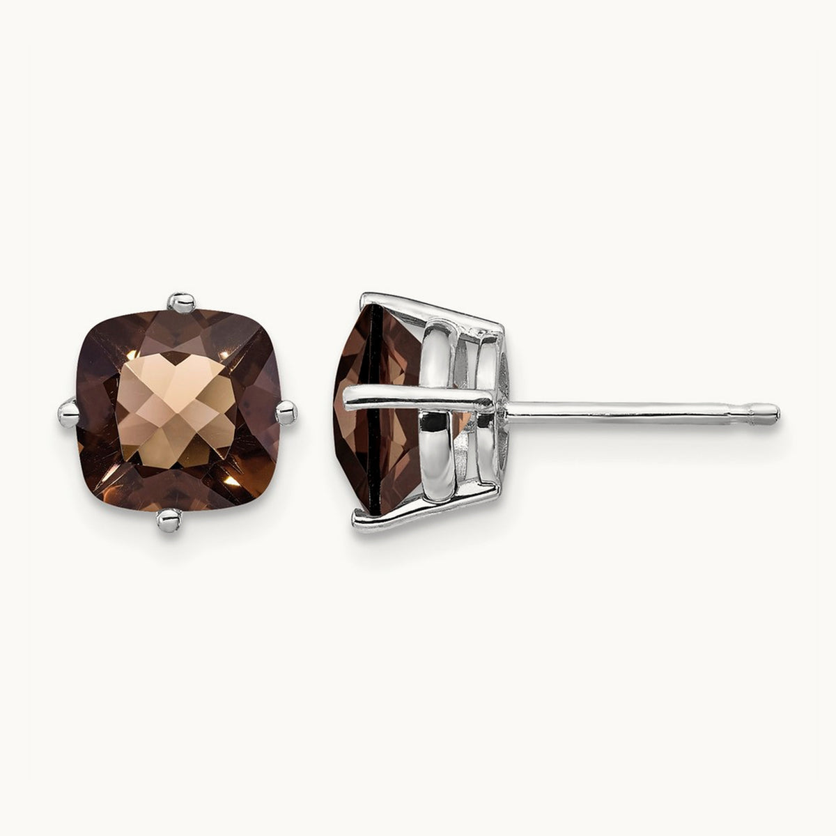 Cushion Checker-Cut Smoky Quartz Earring — 14K White Gold