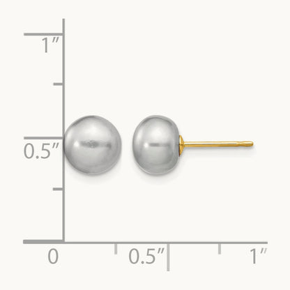 7- Grey Button FW Cultured Pearl Stud Post Earrings, 8mm, 14K