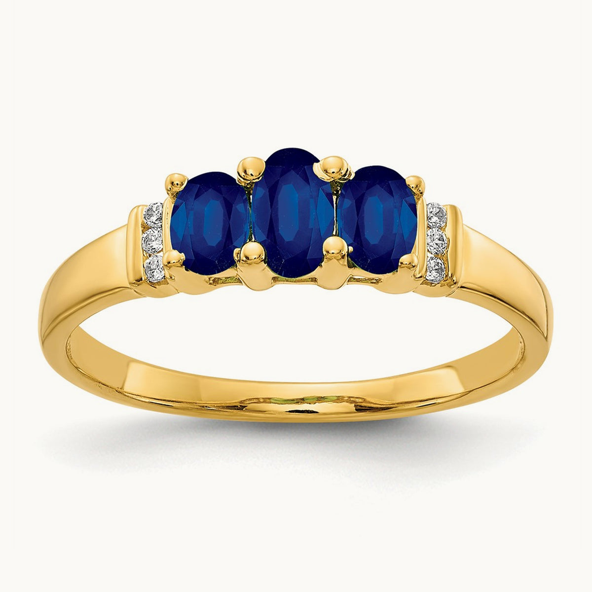Polished Triple Sapphire and Diamond 3-stone Ring, 14K