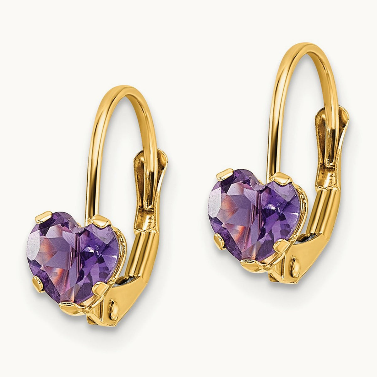 Heart Amethyst Leverback Earrings — 14K Yellow Gold