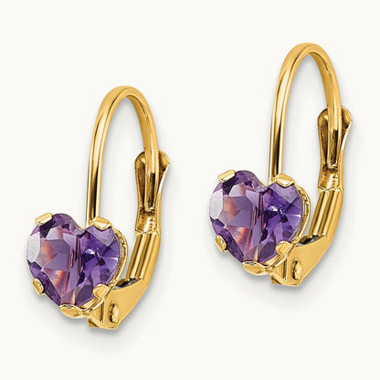 Heart Amethyst Leverback Earrings — 14K Yellow Gold