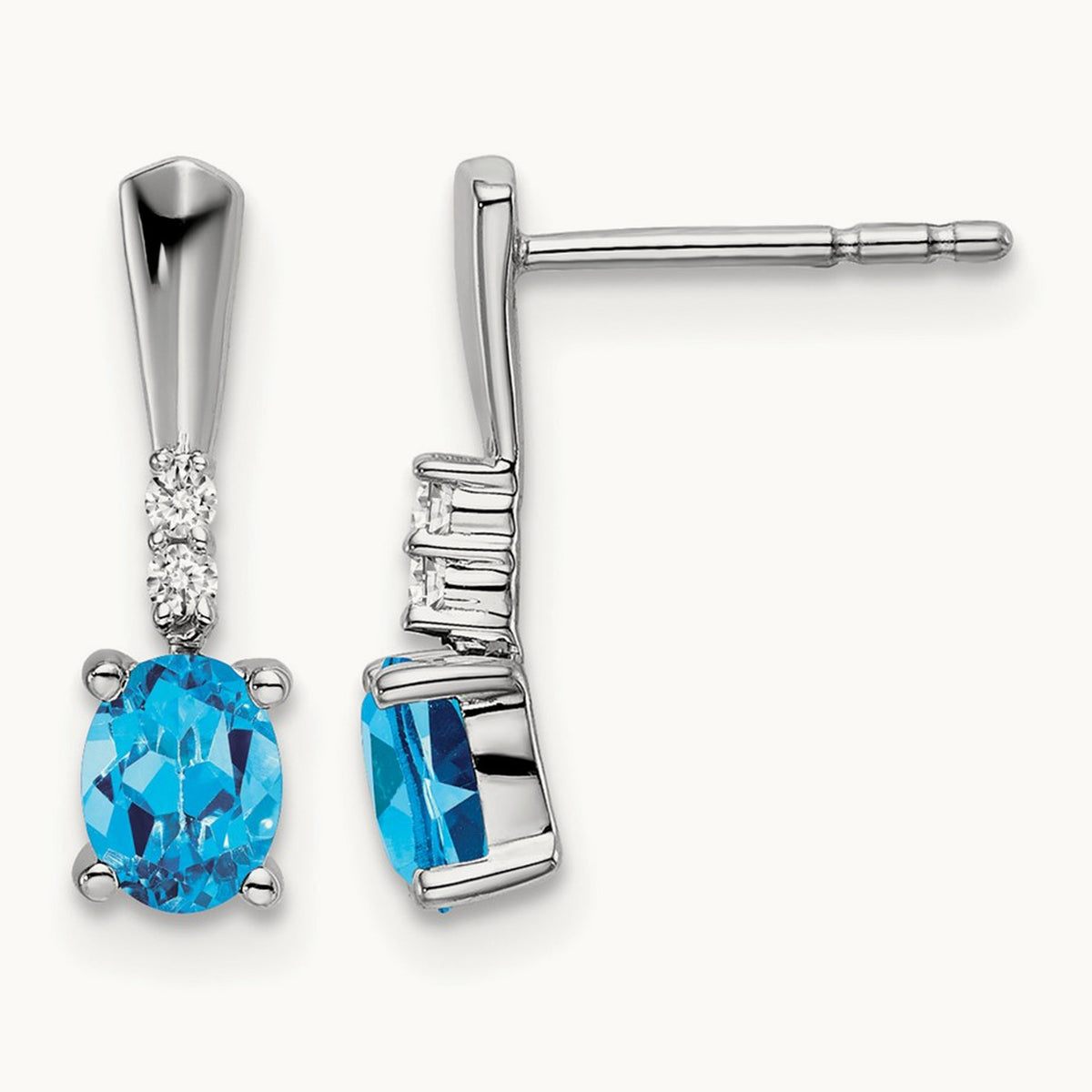 Oval Blue Topaz and Diamond Dangle Earrings — 14K White Gold