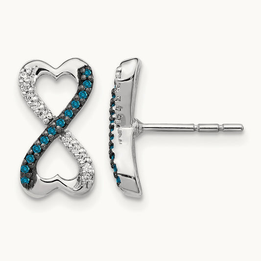 Blue and White Diamond Infinity Heart Post Earrings, 14K White Gold