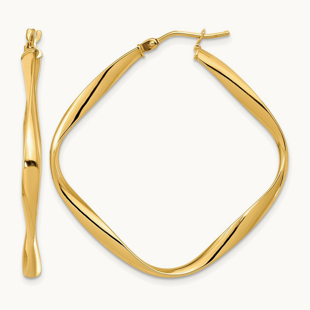 Polished Twisted Square Hoop Earrings — 10K Yellow Gold