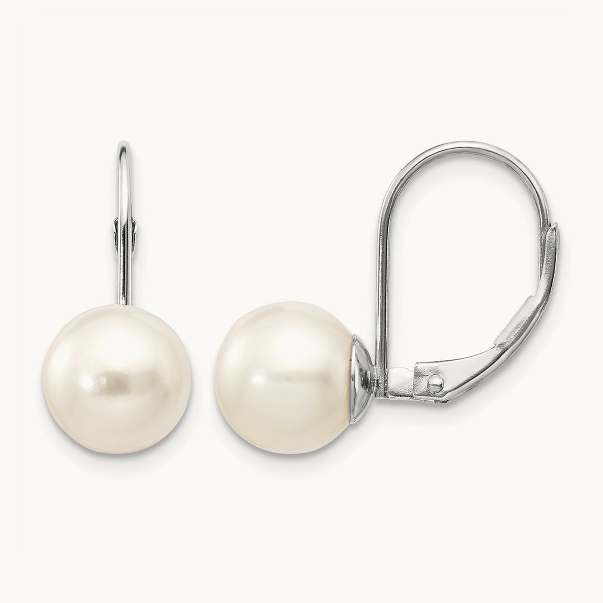Round Freshwater Cultured Pearl Leverback Earrings — 14K White Gold