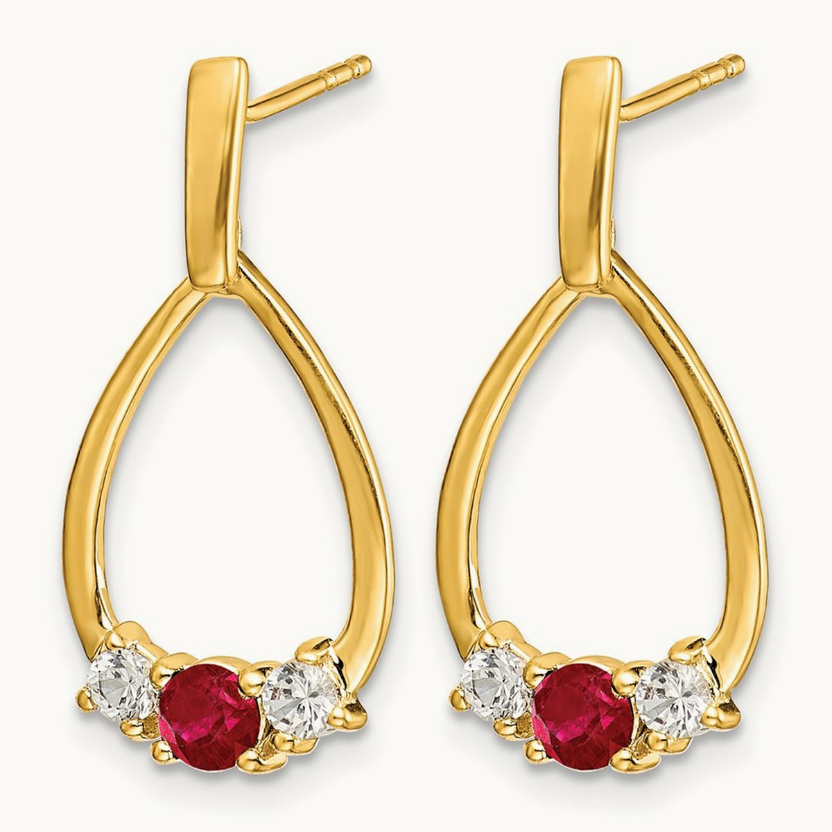 Created Ruby Dangle Teardrop Post Earrings, 0.25 ct tw Lab-Grown Diamond — 14K Yellow Gold
