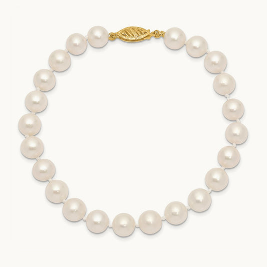 7- White Freshwater Cultured Pearl 8.25in Bracelet, 8mm, 14K