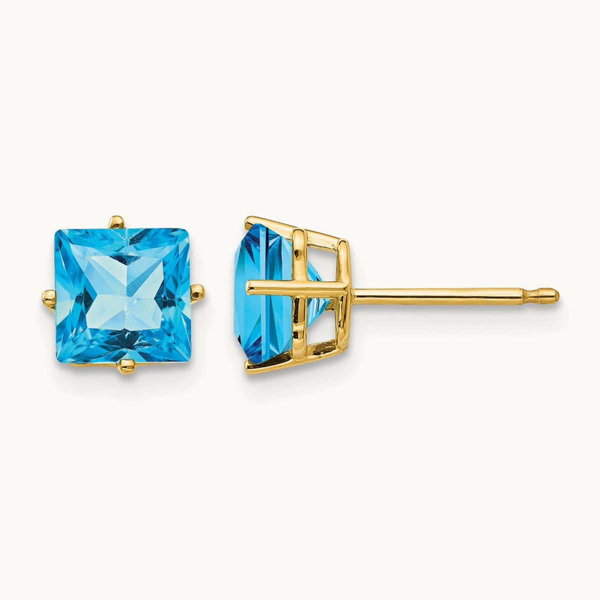 Princess Cut Blue Topaz Earrings, 6mm, 14K