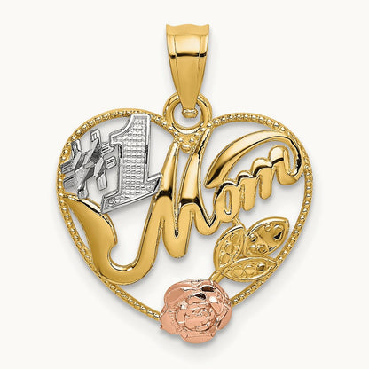 w/White Rhodium #1 MOM Heart Charm, 14K Yellow with Rose Gold