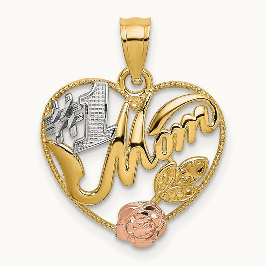 w/White Rhodium #1 MOM Heart Charm, 14K Yellow with Rose Gold