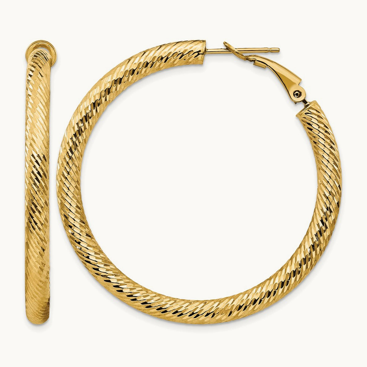 Diamond-cut Round Omega Back Hoop Earrings — 14K Yellow Gold, 4x45mm