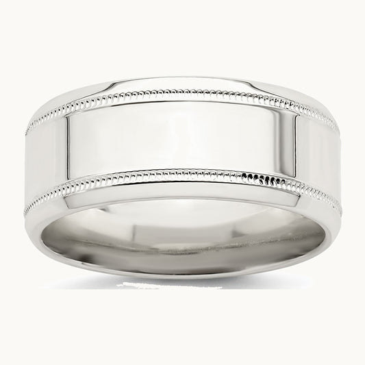 Sterling Silver 6mm Polished Flat Milgrain Beveled Edge Fancy Band