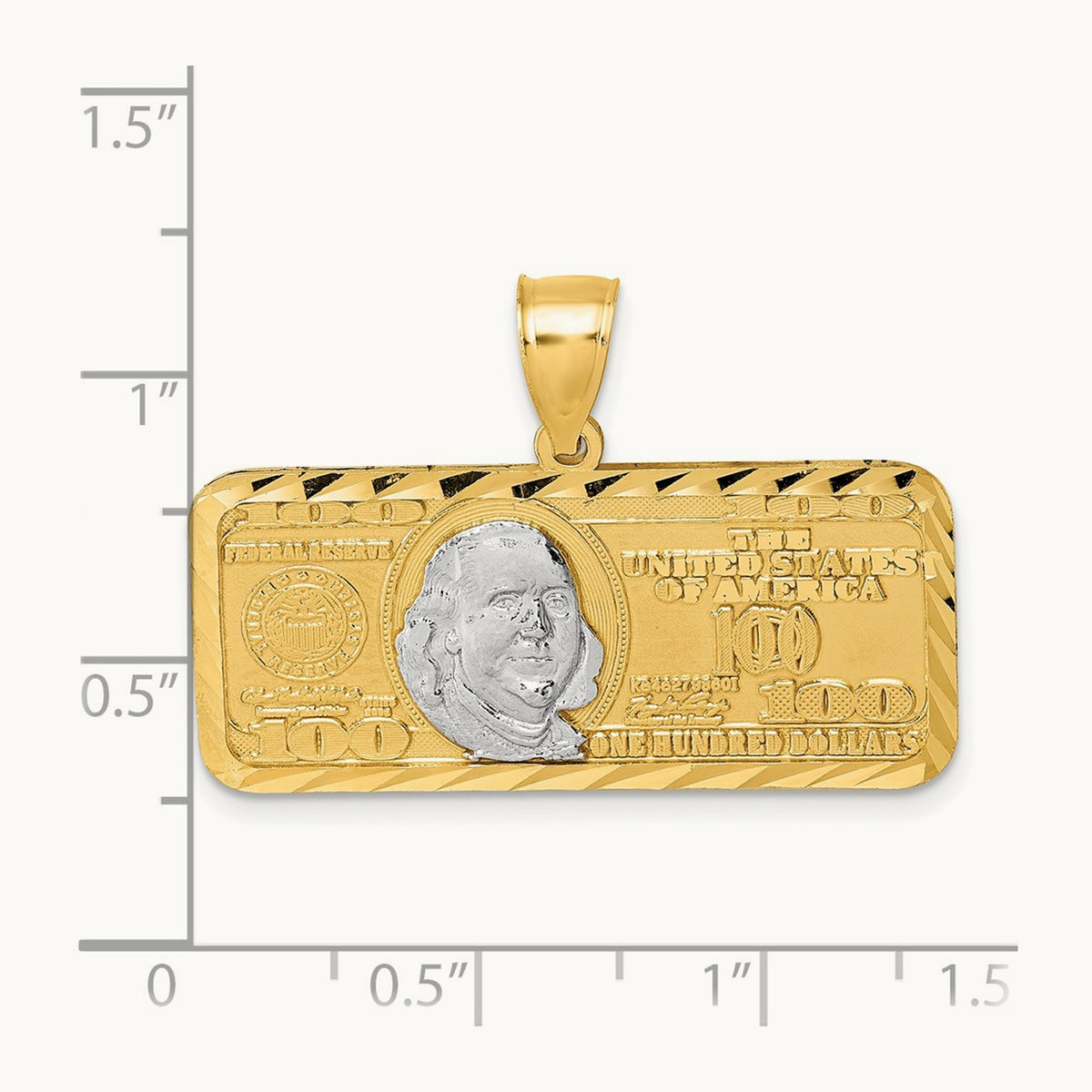 Polished w/Rhodium Diamond-cut 100 Dollar Bill Pendant, 14K
