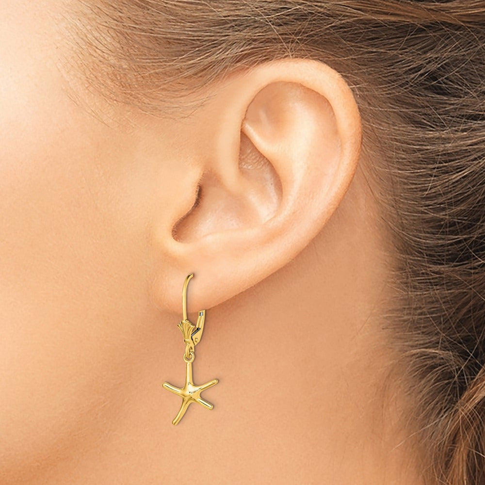 Mini Dancing Starfish Leverback Earrings — 14K Yellow Gold