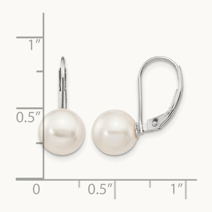 8- Round White Saltwater Akoya Leverback Earrings, 9mm, 14K White Gold