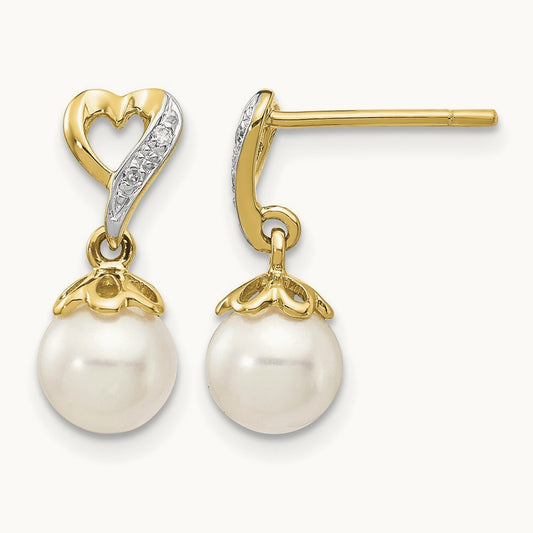 6- Round FWC Pearl .01ct Heart Diamond Dangle Earrings, 7mm, 14K